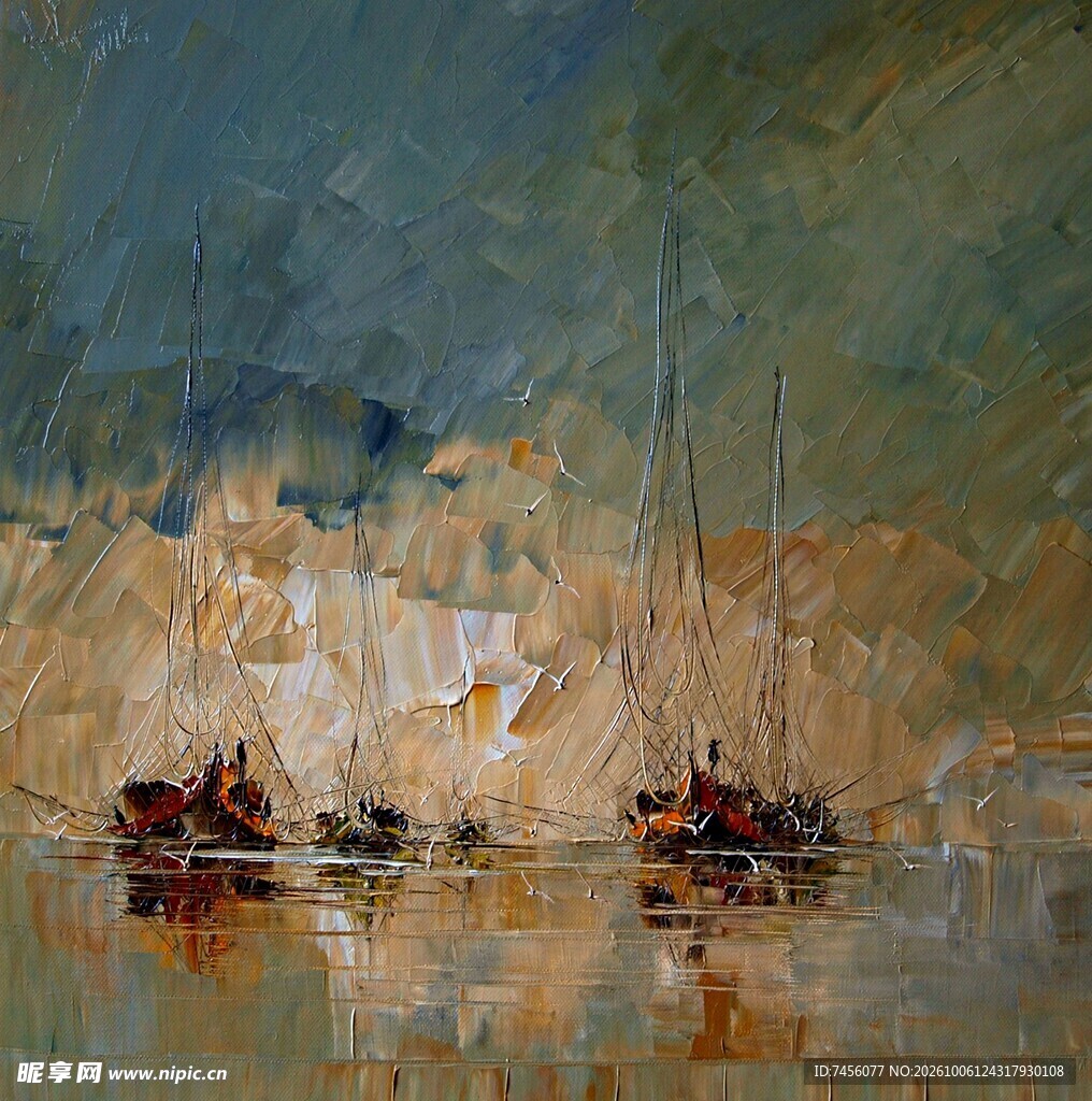 水岸帆船风景油画