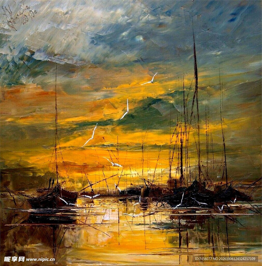 夕照港湾帆船油画