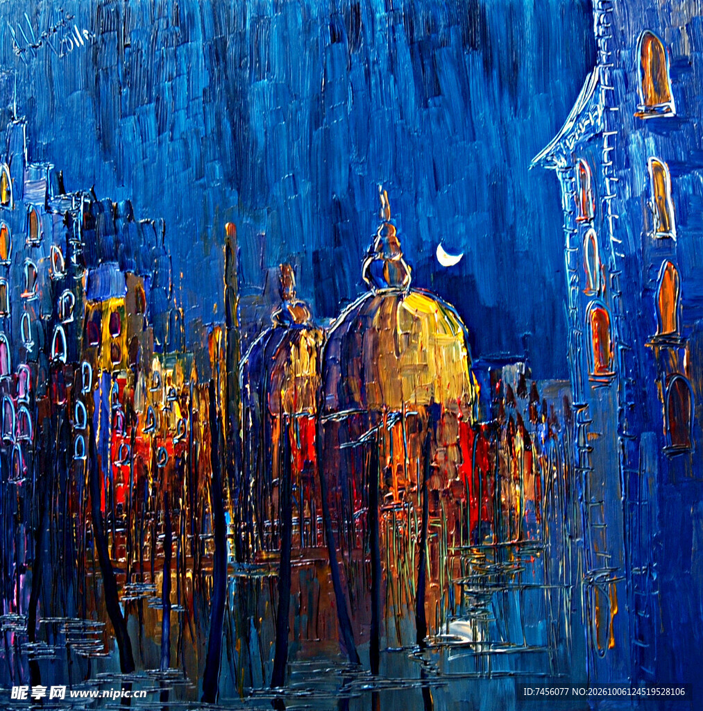 月夜水城印象油画