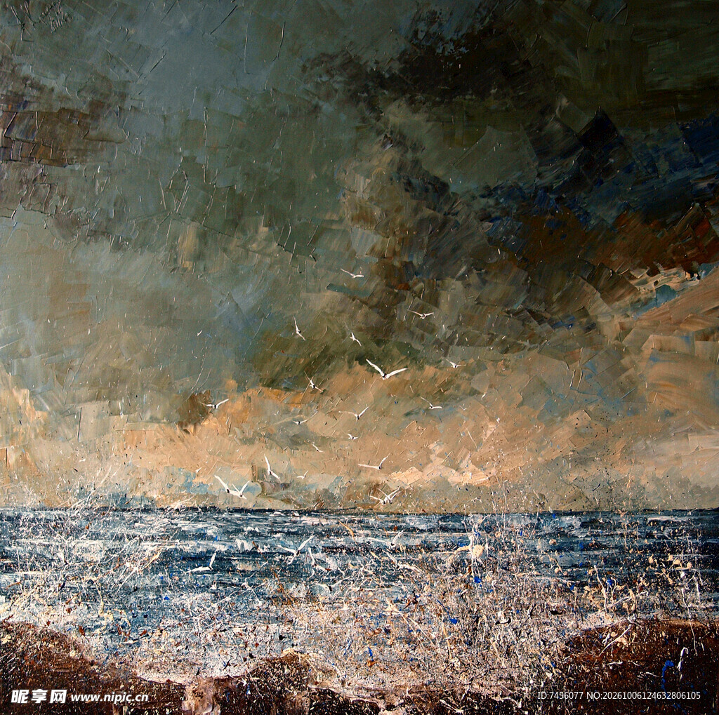 海滨暮色风景油画