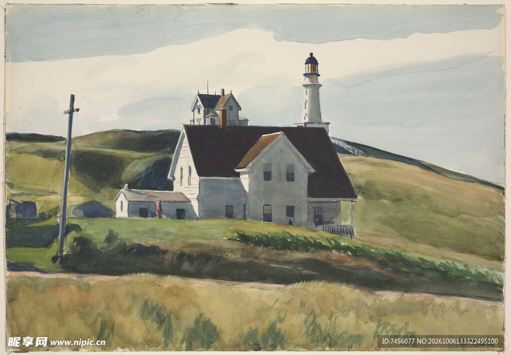 郊野灯塔小屋风景油画