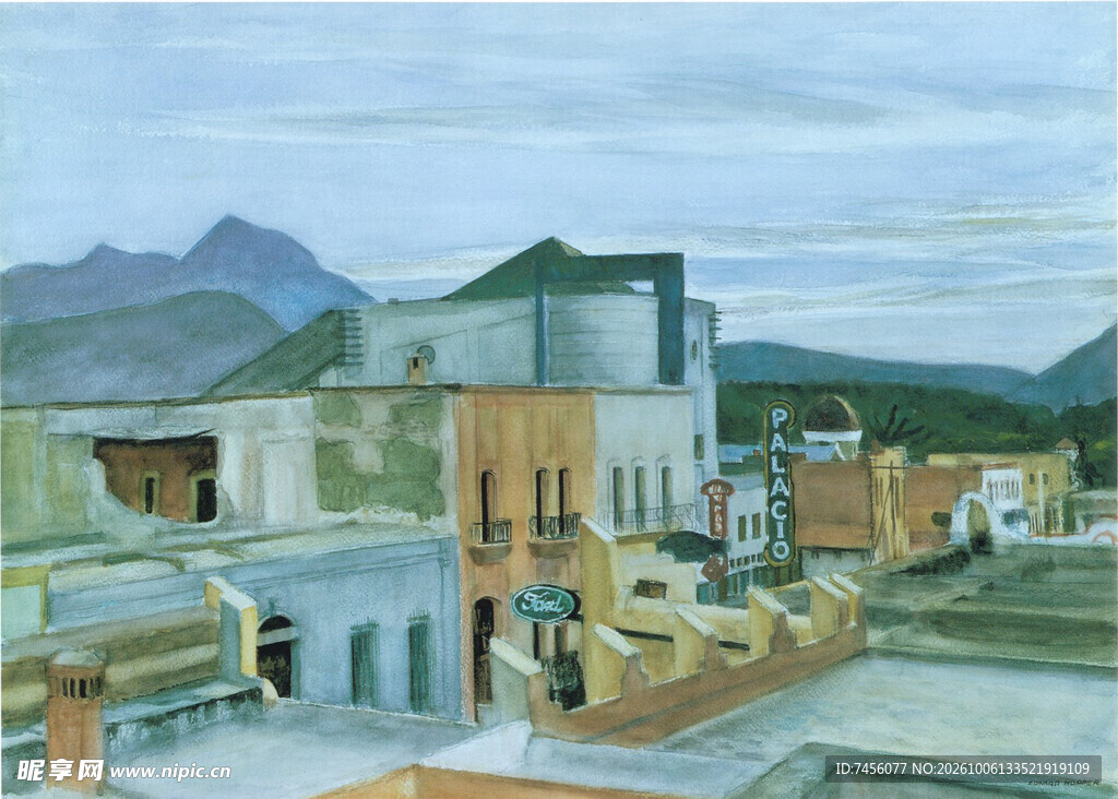 山边小镇风景油画