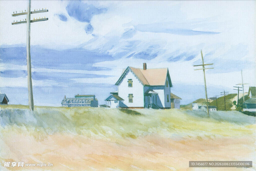郊野小屋水彩风景