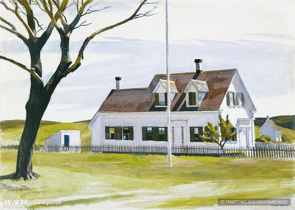 郊野白屋风景油画