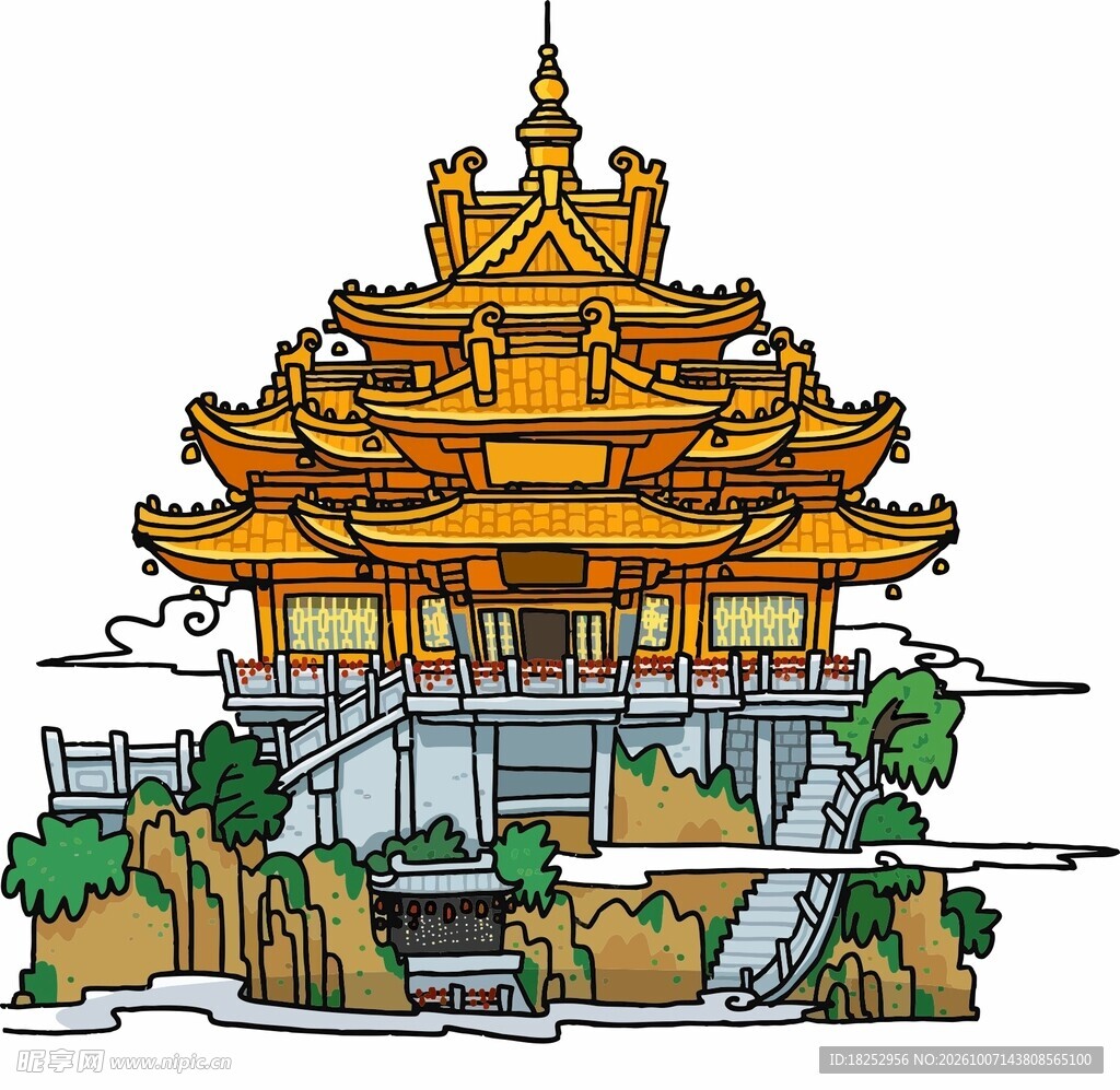 中式古建金色楼阁插画