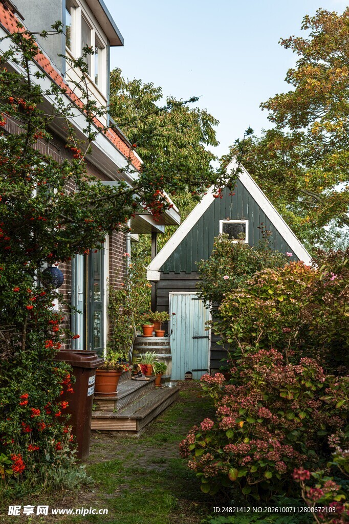 乡村林间小屋庭院风景