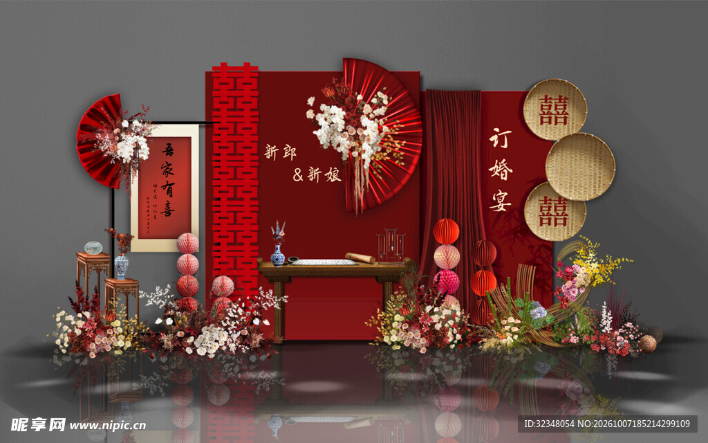 红色订婚宴婚礼迎宾区效果图