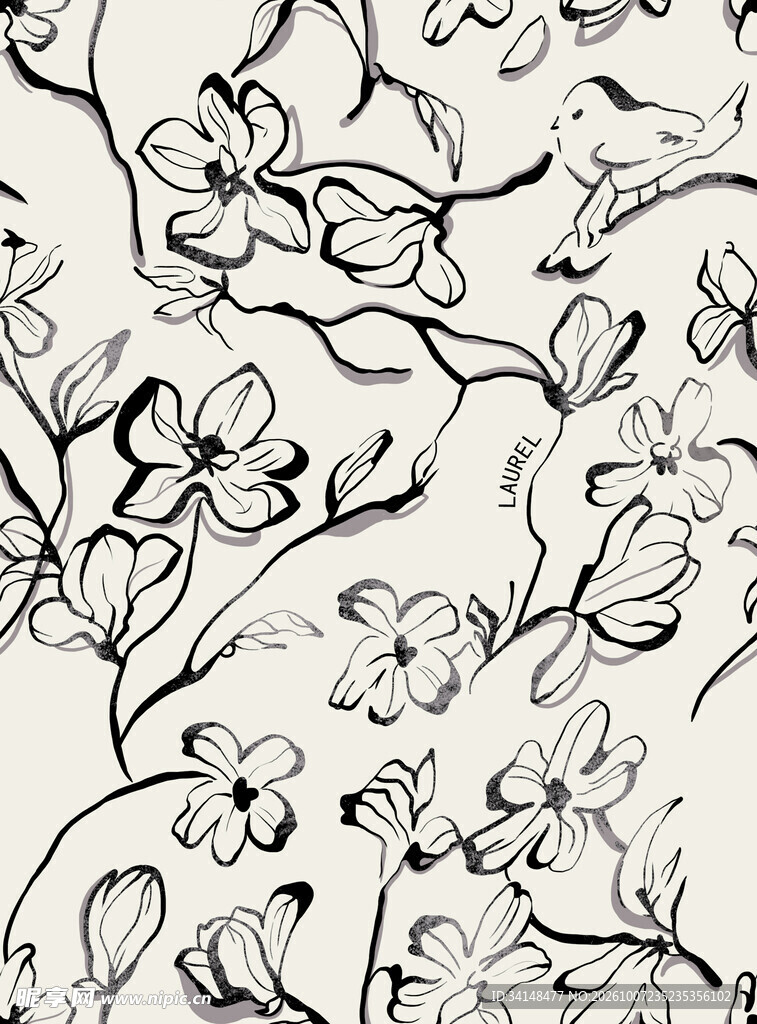 手绘线描花卉底纹