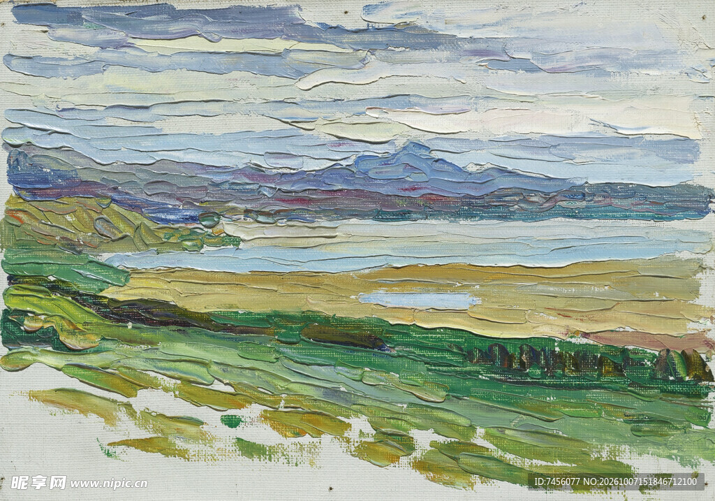 湖岸郊野风景油画