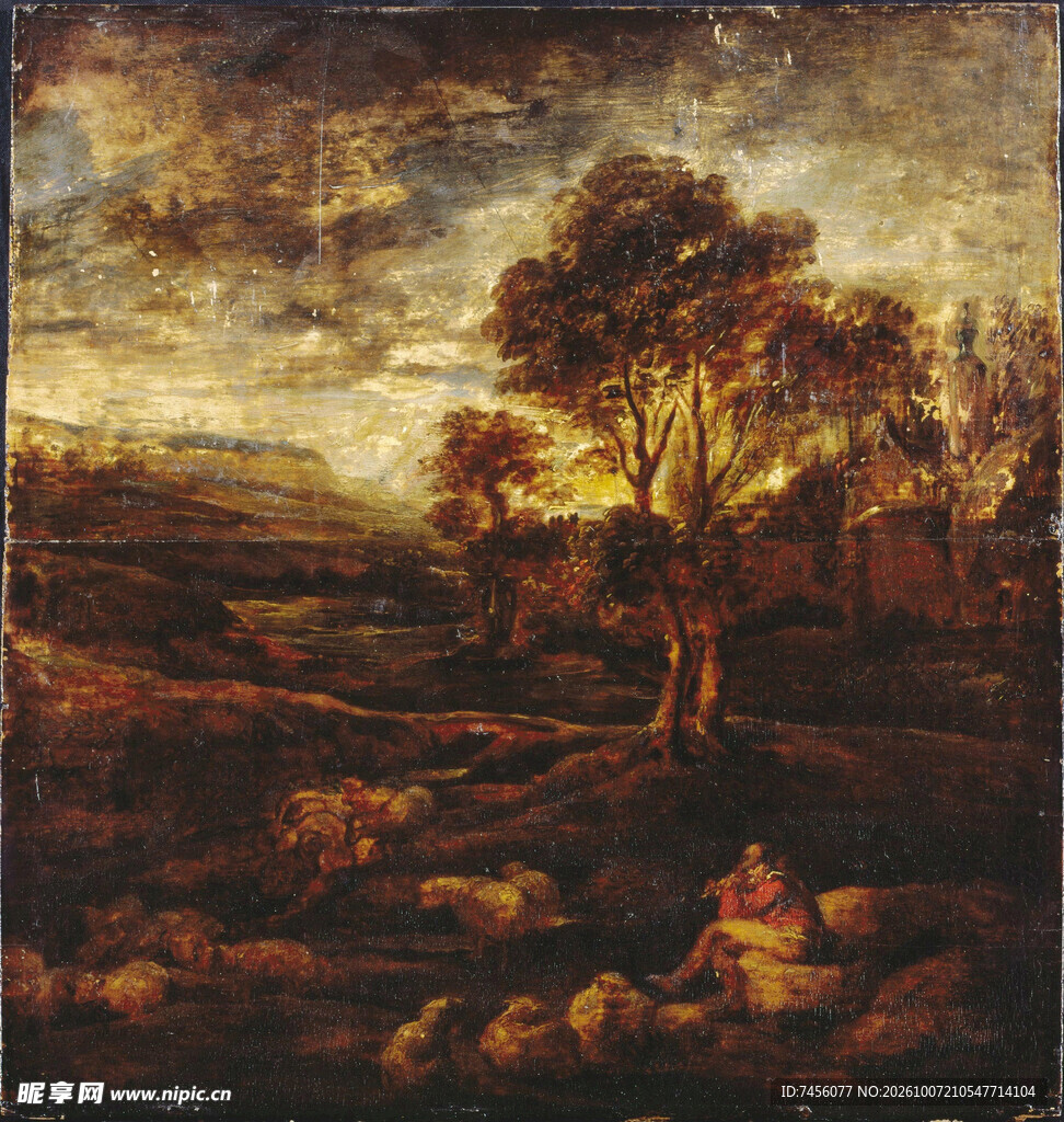 黄昏郊野牧羊风景油画