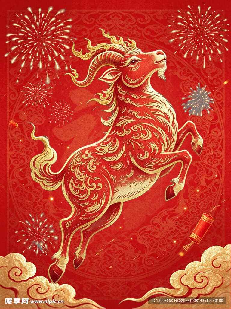 红金新春瑞羊国潮插画