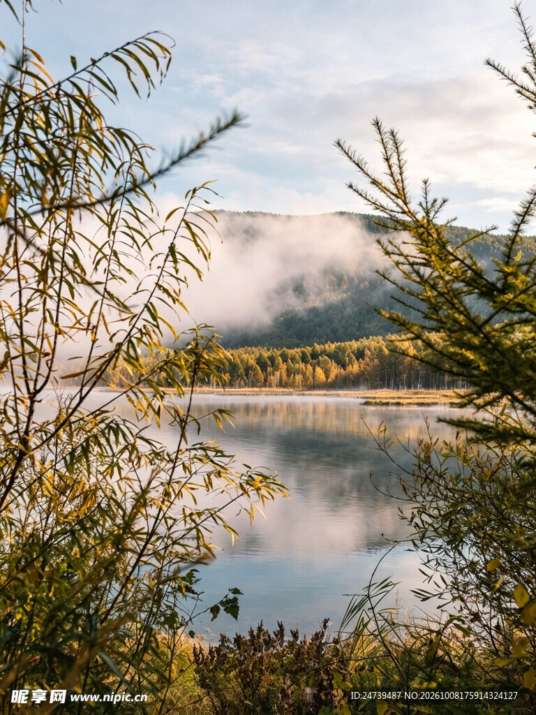 秋日晨雾湖光山色