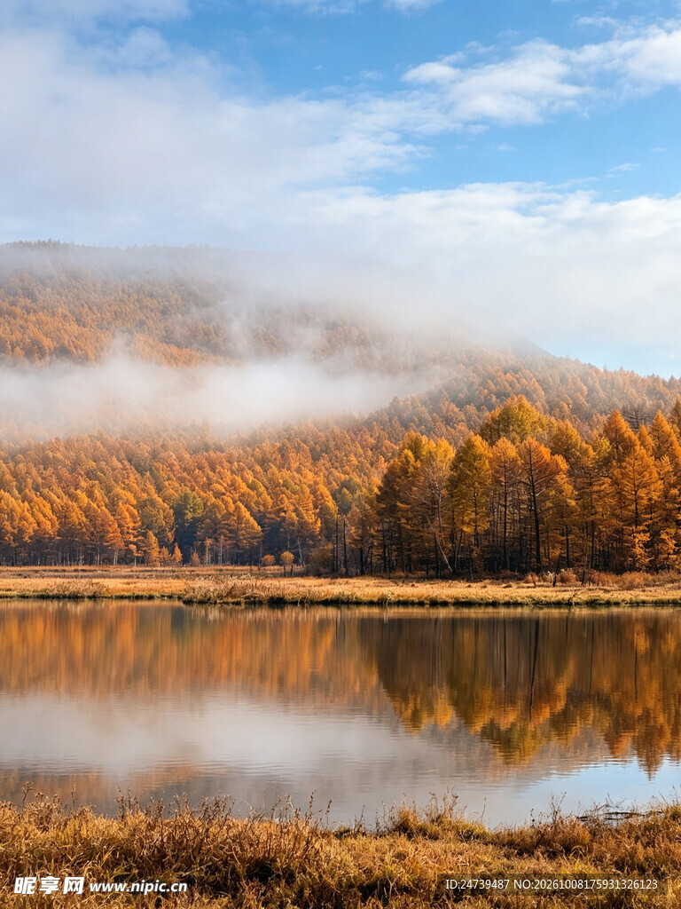 秋日湖畔山林晨雾美景