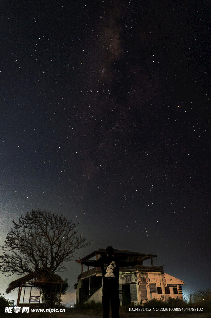 郊外夜景小屋树影