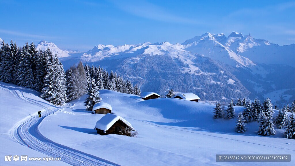 冬日雪山木屋雪景