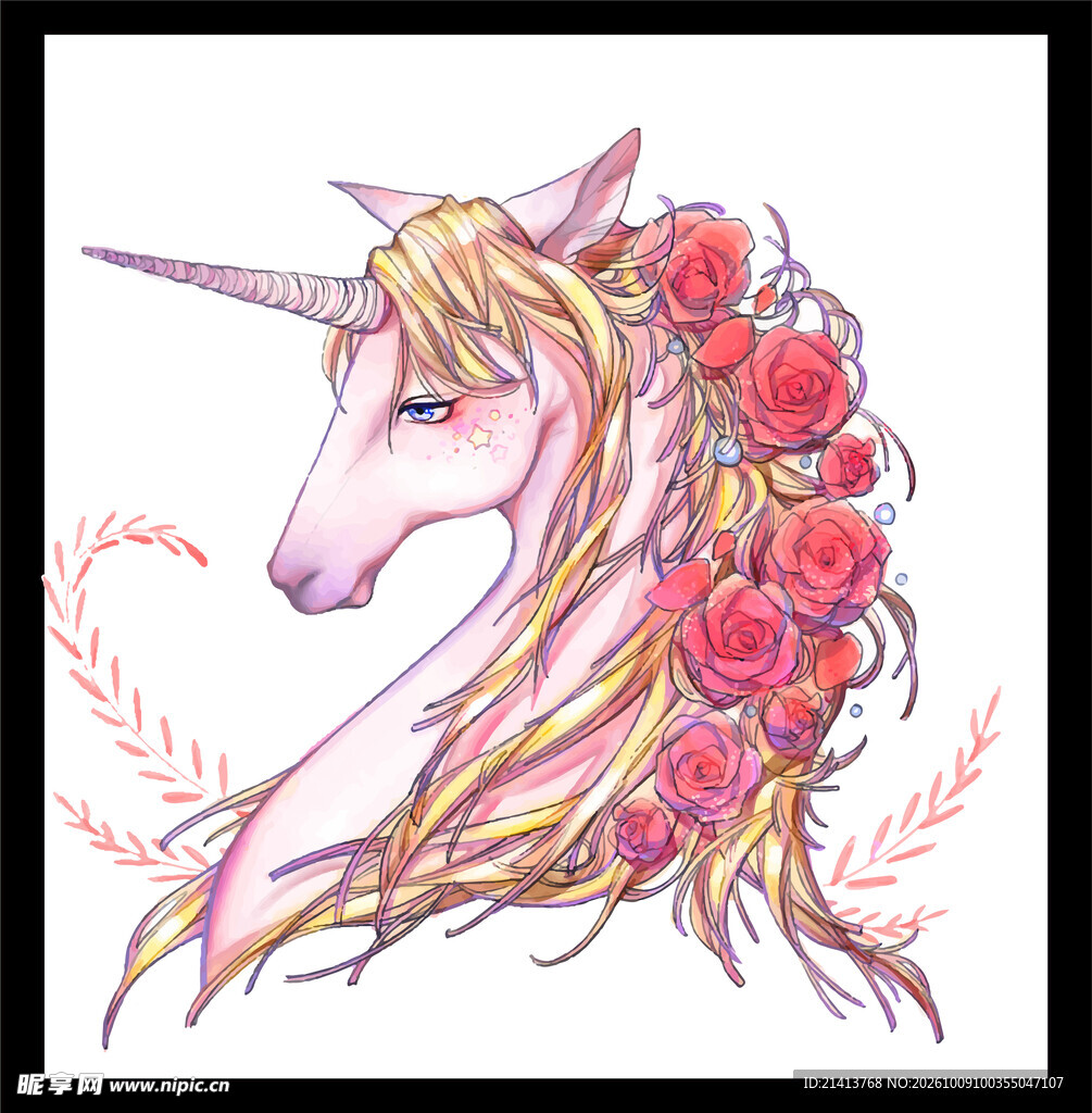 唯美玫瑰独角兽插画
