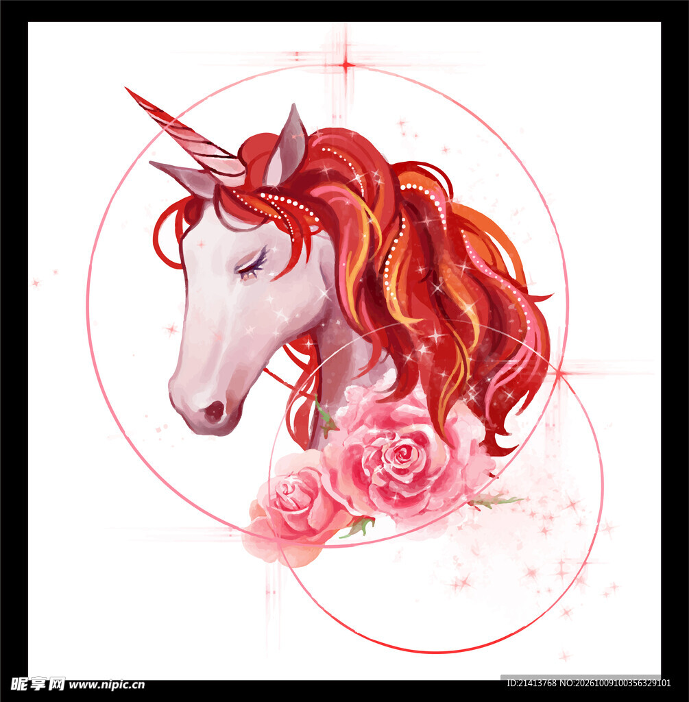 梦幻红鬃独角兽插画