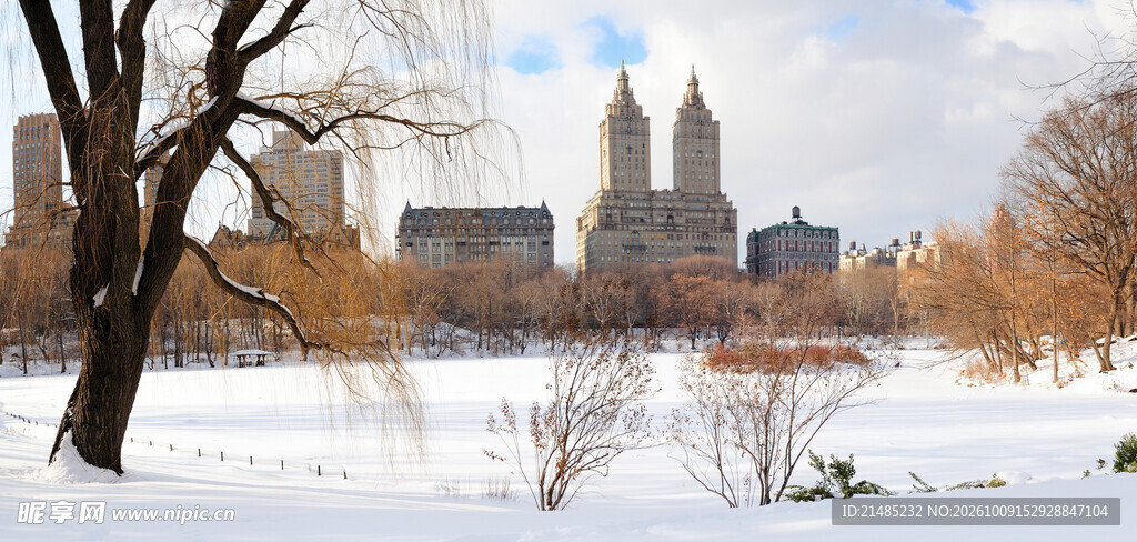 冬日城市湖畔雪景