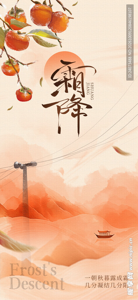霜降节气柿子国风插画