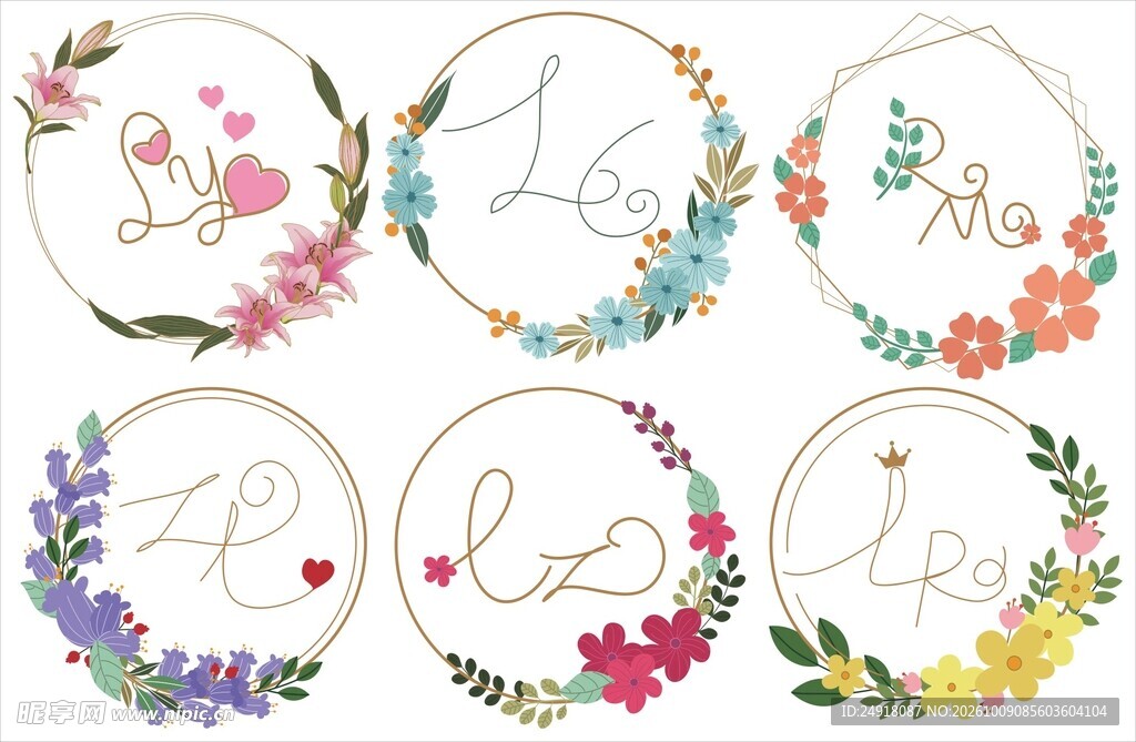 婚礼logo圆形花环花卉边框