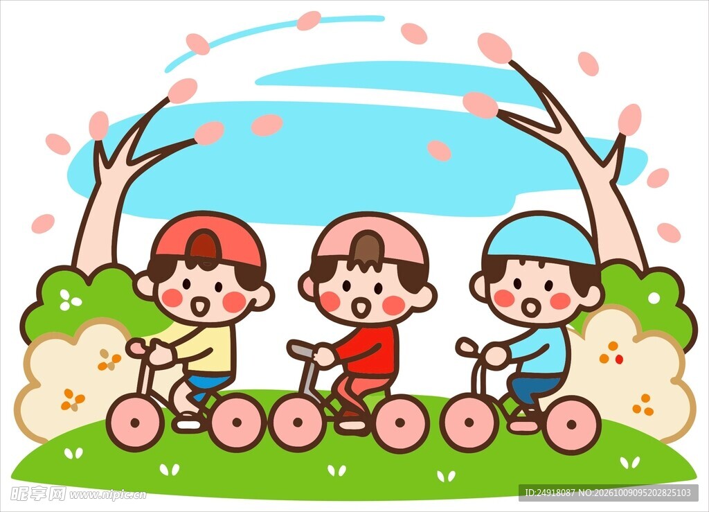 春日孩童骑车郊游卡通插画背景