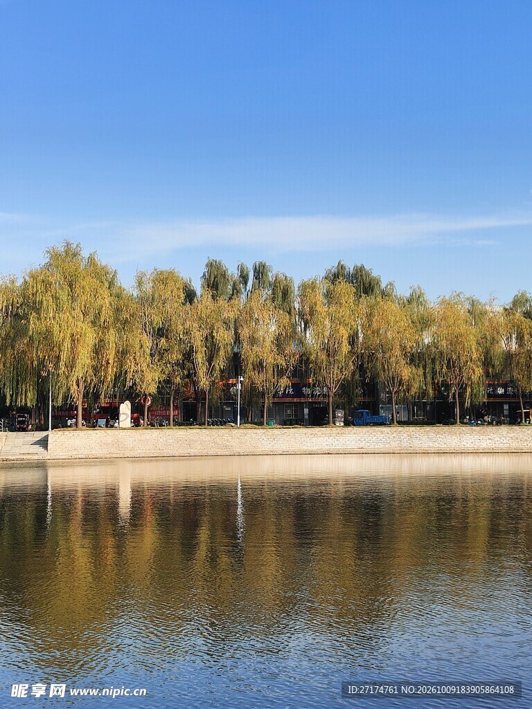秋日湖畔林景