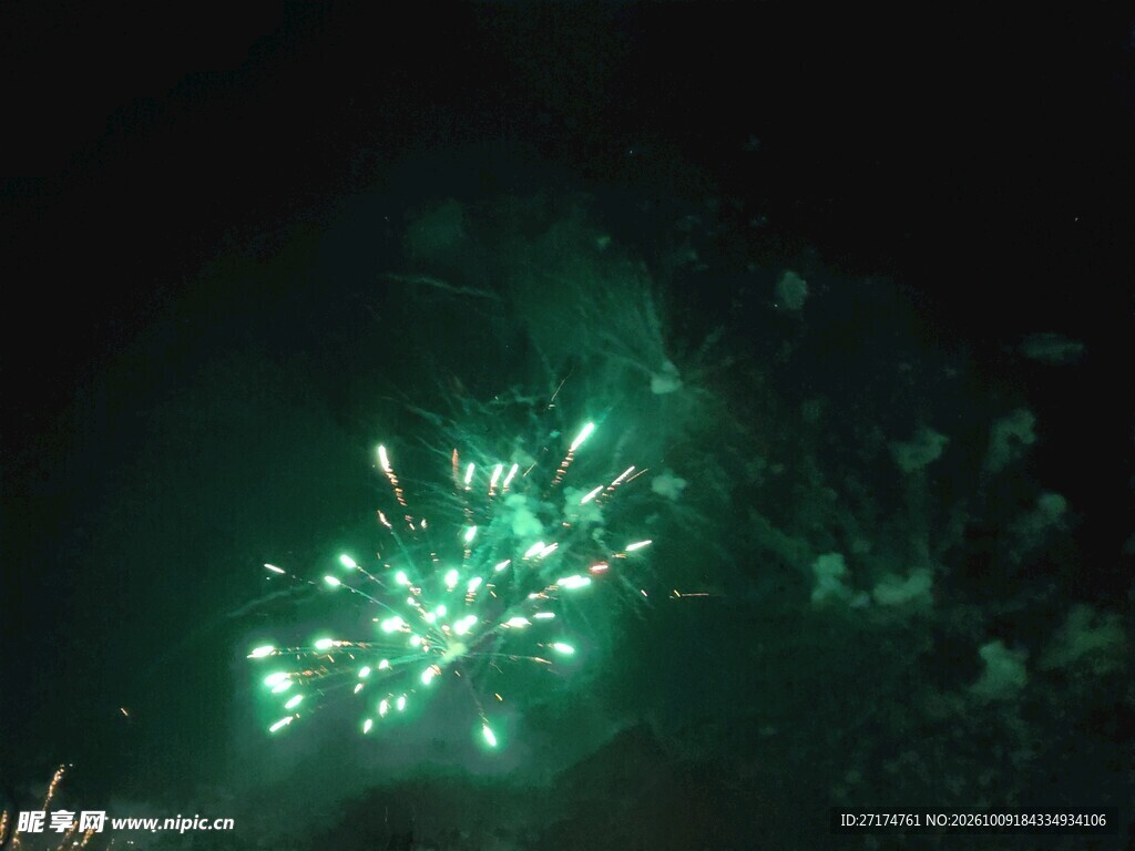 暗夜绿色烟花绽放