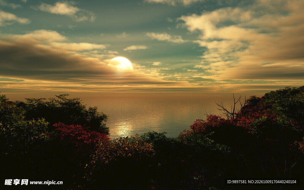 湖畔黄昏日落美景