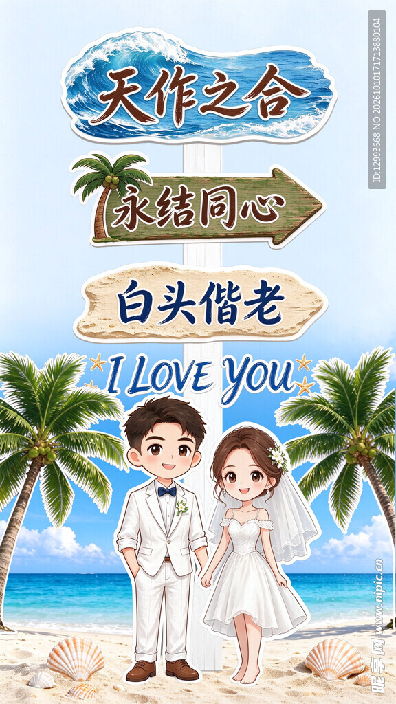 海边婚礼浪漫卡通插画