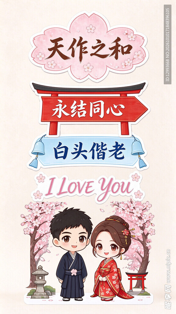 日式婚庆情侣祝福插画