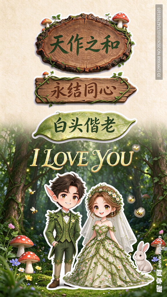 森系婚礼卡通情侣插画