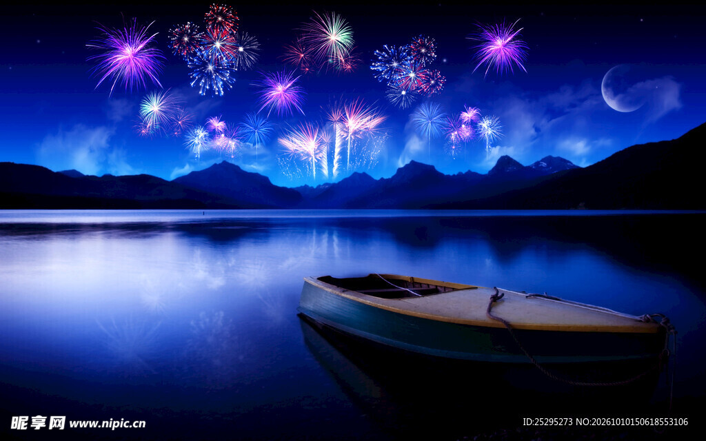 夜湖烟花孤舟美景
