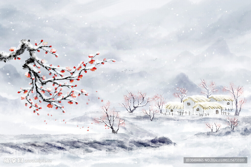冬雪红梅水墨风景