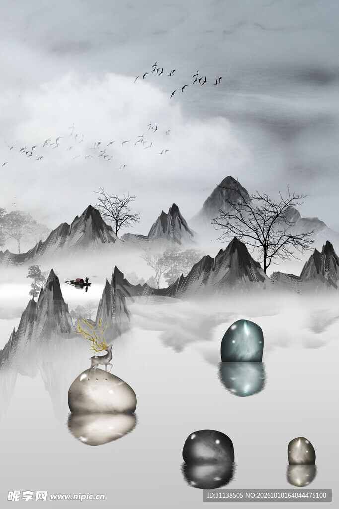 禅意水墨山水石景