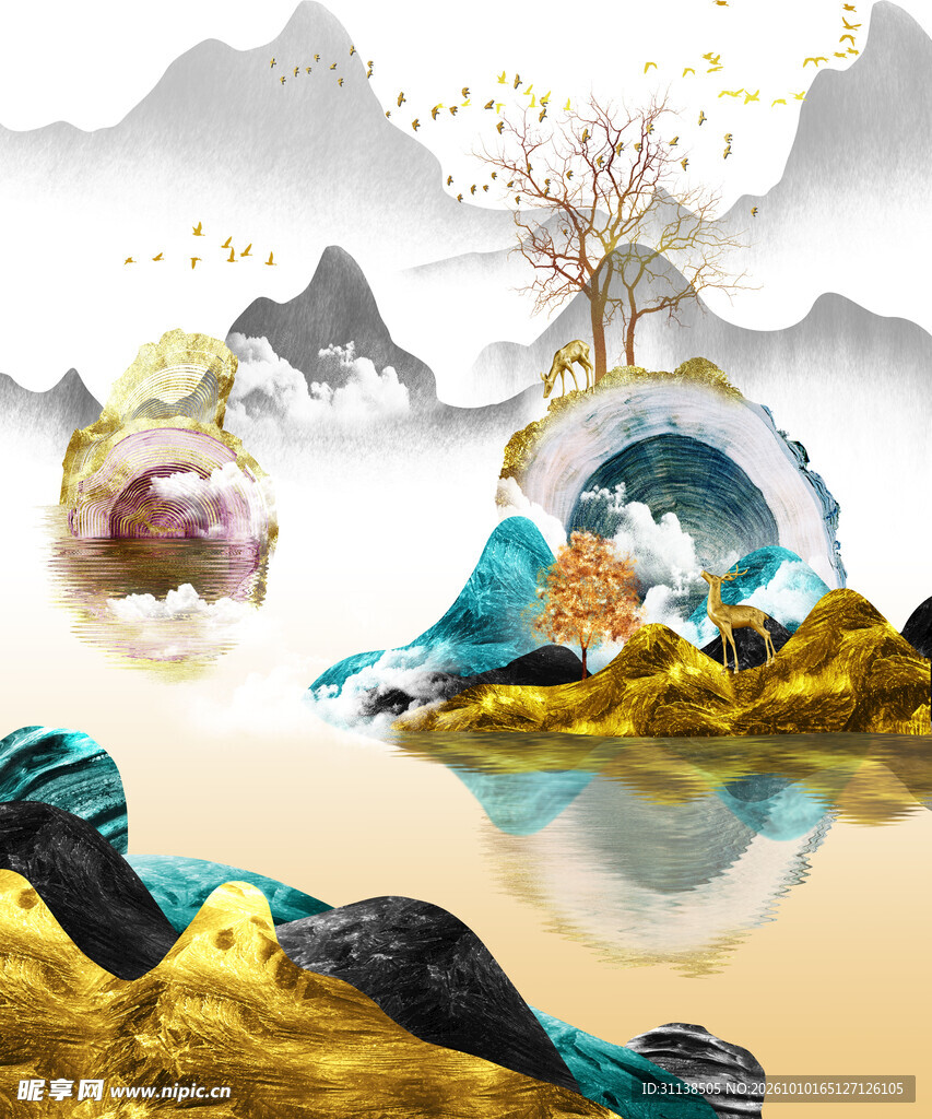 新中式鎏金山水意境图