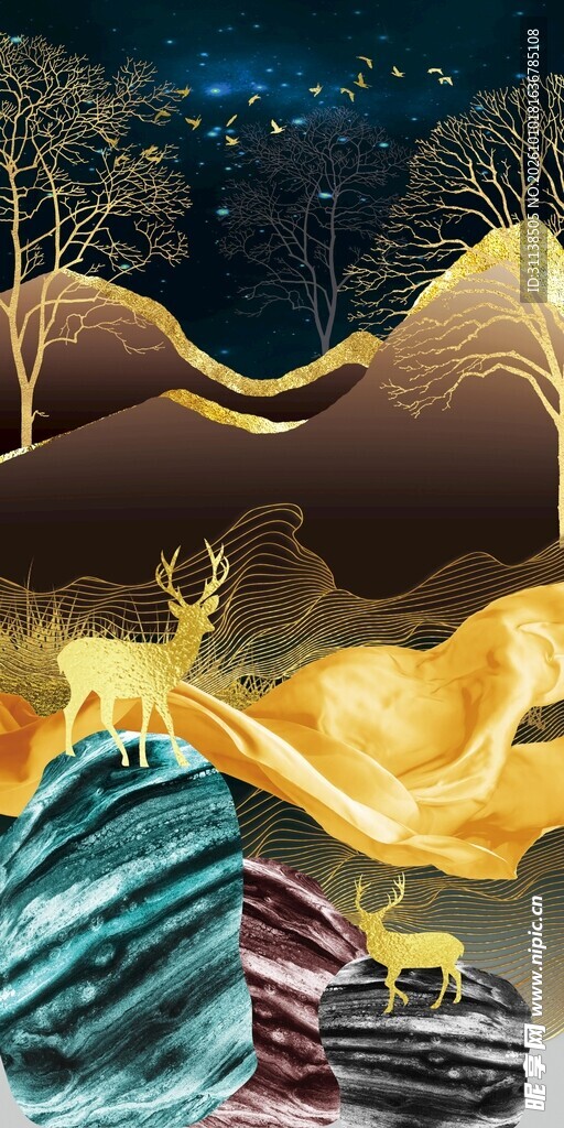 鎏金山水麋鹿装饰画
