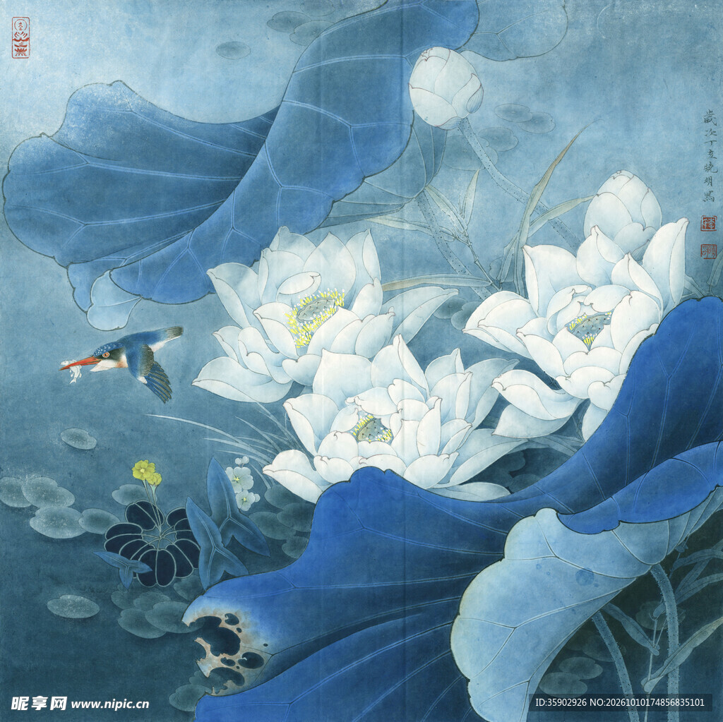月夜荷塘工笔国画