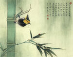 竹枝栖鸟工笔国画