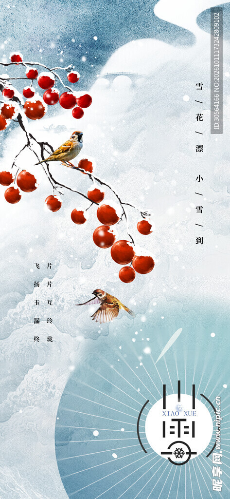 小雪节气红柿雀鸟国风海报