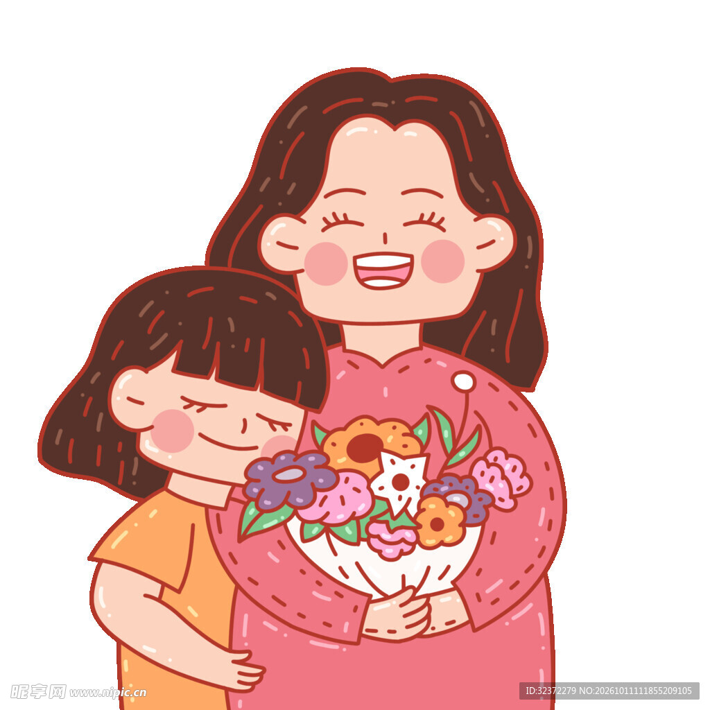 温馨母女母亲节献花插画