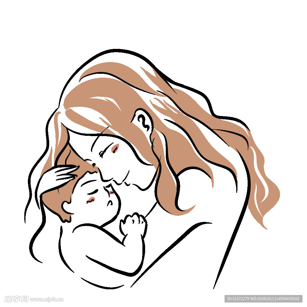 温馨母婴相拥手绘插画