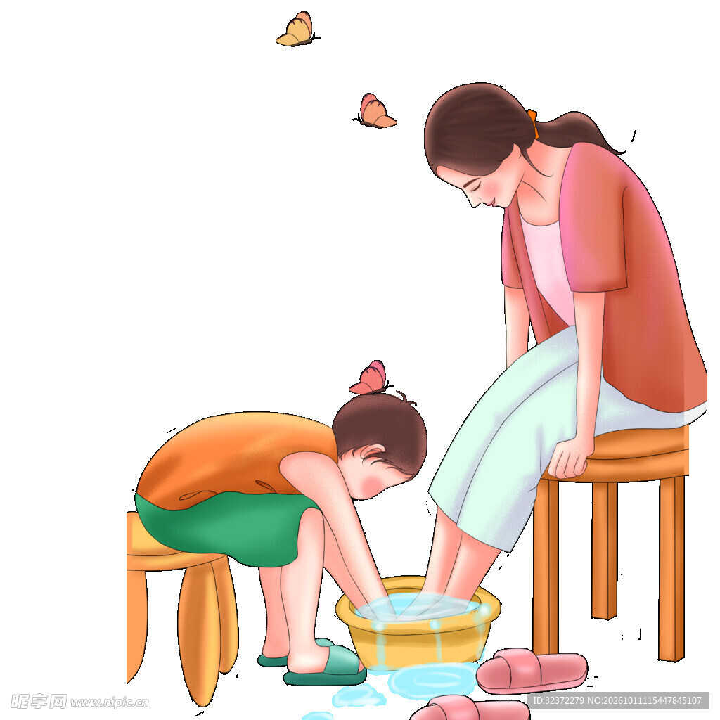 小女孩给妈妈洗脚插画