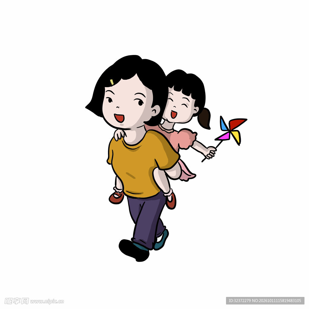 妈妈背小女孩出游