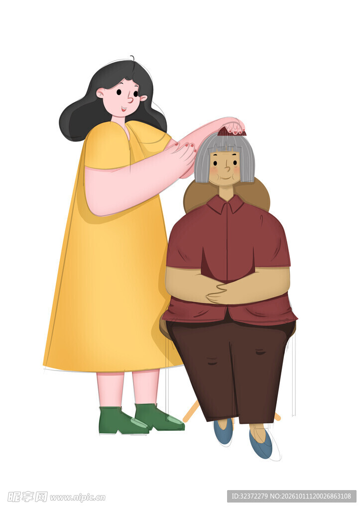 女儿为母亲梳头插画