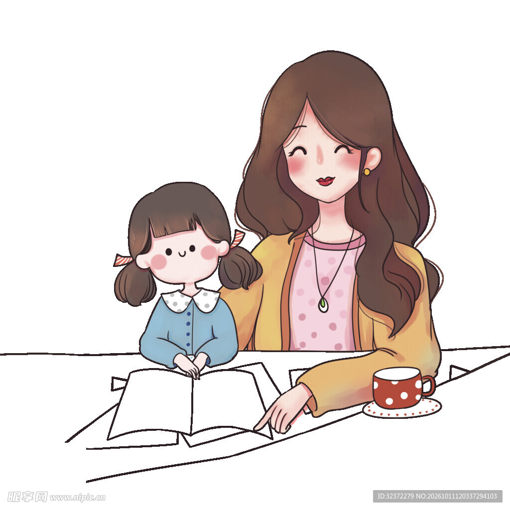 母女共读温馨插画