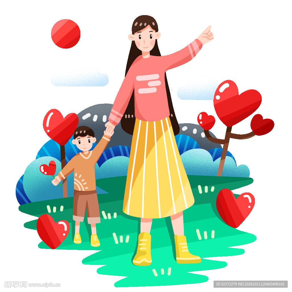 母子户外温馨牵手插画