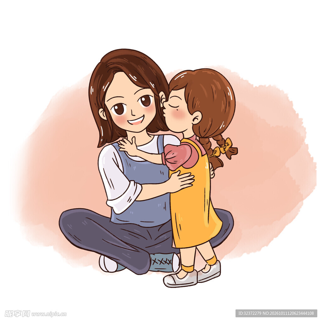 温馨母女亲昵互动插画