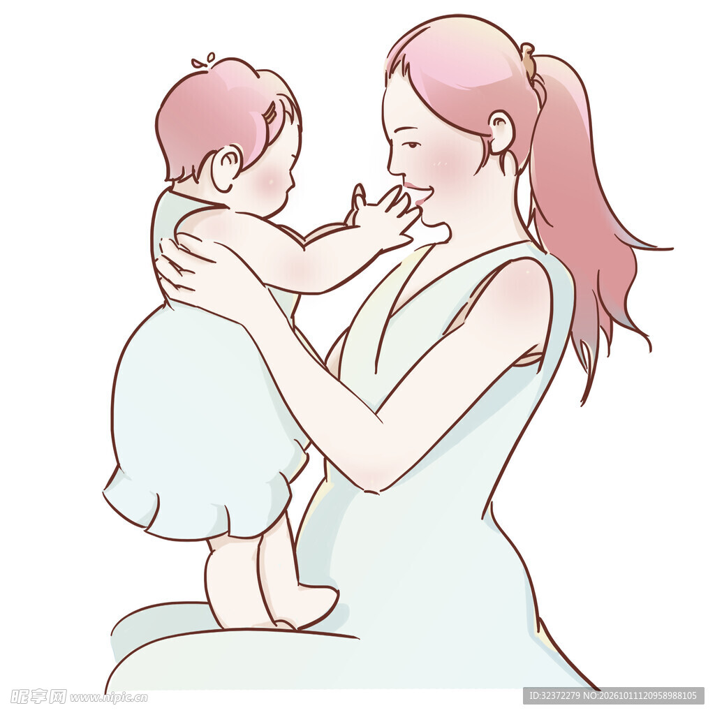 母婴温馨互动手绘插画