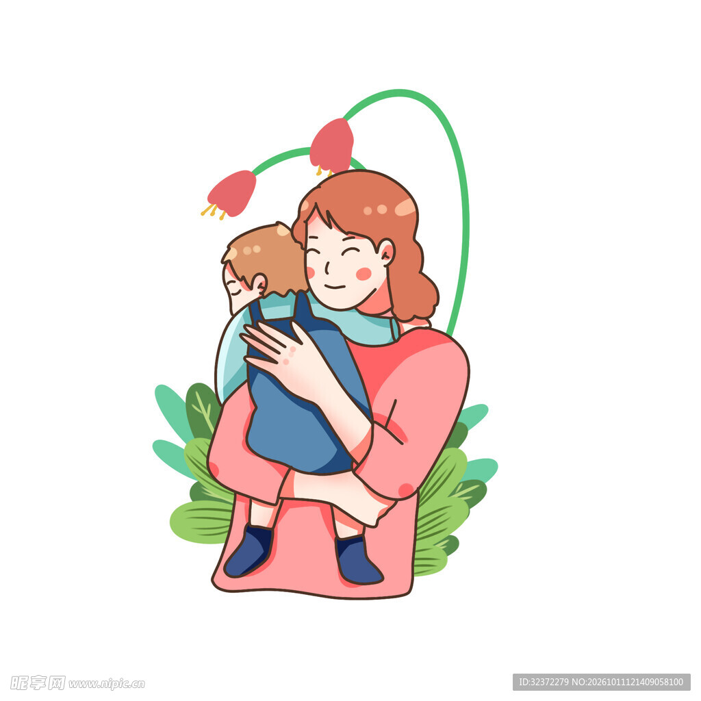 母亲拥抱孩子温馨插画