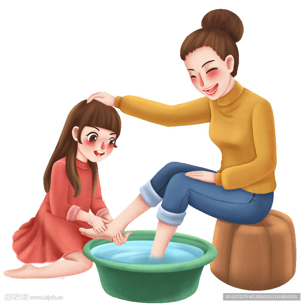 小女孩给妈妈洗脚插画